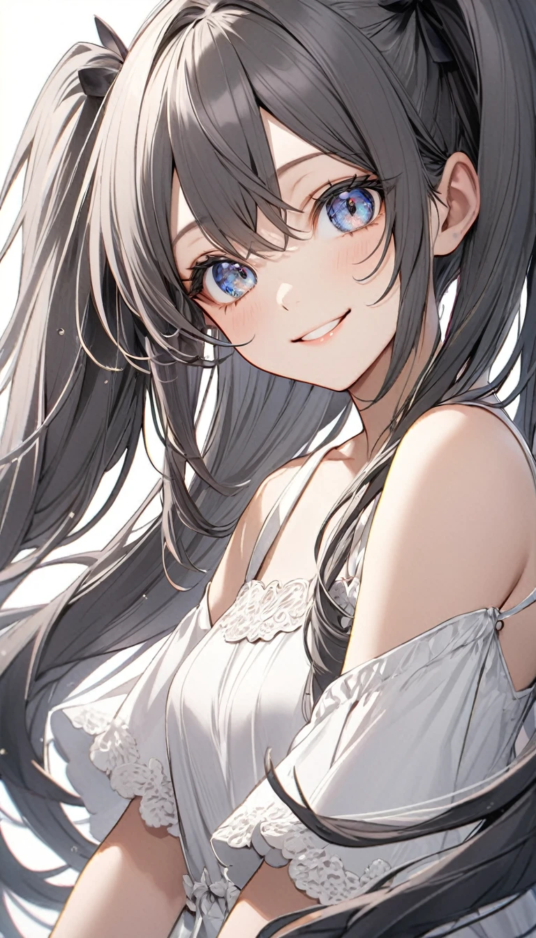 Girl with high twin tails,Colored highlighted hair, dark gray long hair,, highly detailed eyes, White dress, Smile