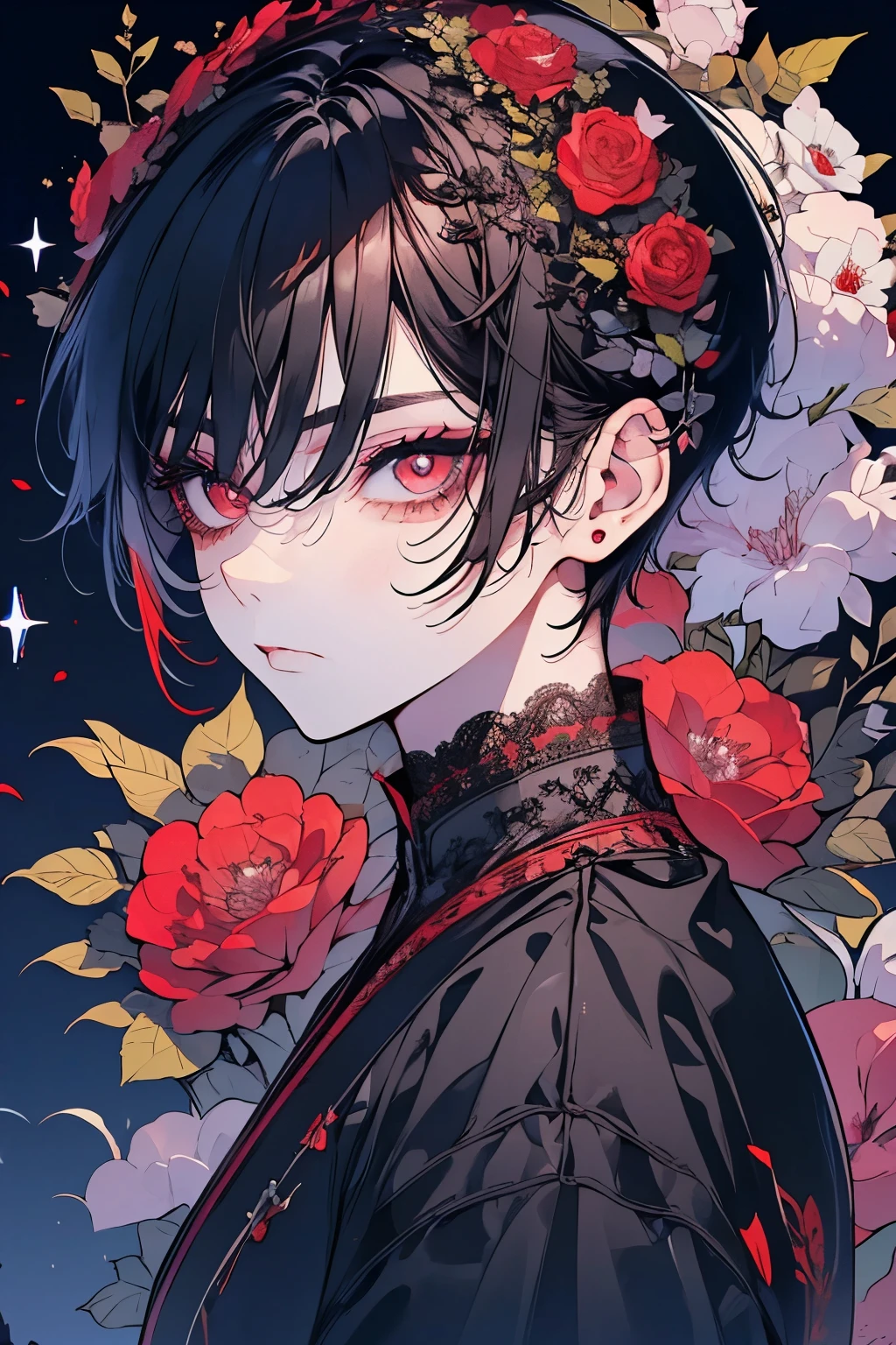 (Mastepiece), (Best Quality), Very detailed, 1 boy, Solo Shooting, Perfect Face, Beautiful Face, Very detailedな顔，(Black Hair:1.3)，(short hair:1.4)、(Big eyes:1.4)，(Long eyelashes:1.4)、(Red Eyes:1.3)、Black clothes、Lots of flowers、petal