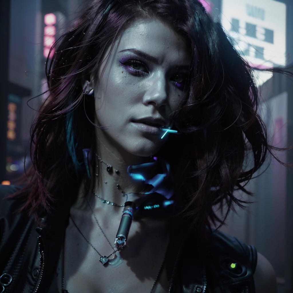 a woman with a cigarette in her mouth and a necklace on, cyberpunk horror style, cyberpunk vibe, beautiful cyberpunk girl face, cyberpunk vibes, inspired by Elsa Bleda, cyberpunk girl, aesthetic cyberpunk, blade runner vibes, grunge cyberpunk, cyberpunk aesthetics, cyberpunk aesthetic, cyberpunk look, cyberpunk art style, cyberpunk))), the cyberpunk girl portrait, by Liam Wong