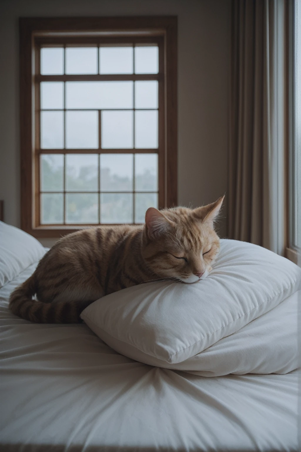realistic,score_9, score_8_up, score_7_up, 
 cat sleeping in bed besides a big window that shows it rainning