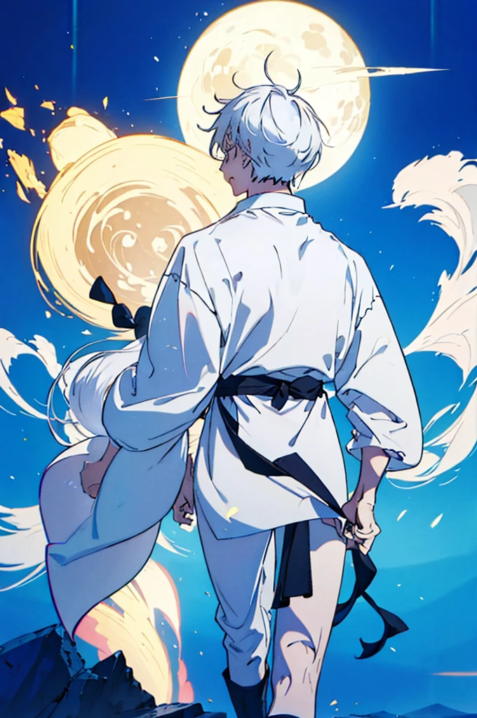Man from back, Long and loose hair, bright full moon, beautiful atmosphere, silver, long white tunic, I love you