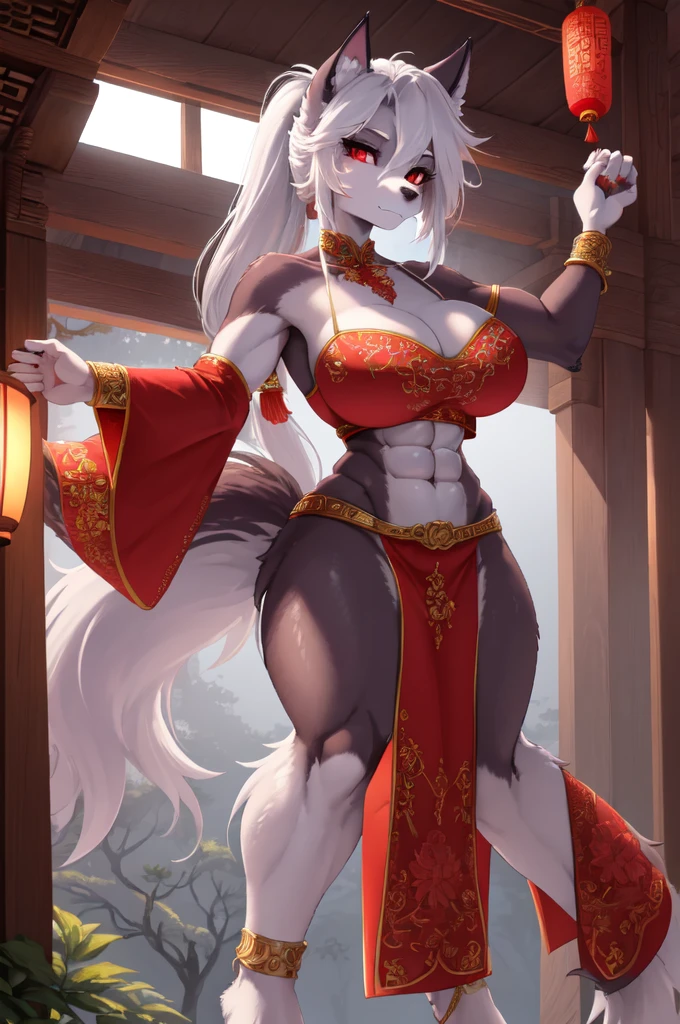 masterpiece, top quality, best quality, highly detailed, 8k, super high resolution, absurdres, perfect anatomy, dynamic_angle, (highly detailed beautiful face and eyes), solo focus, red eyes, white hair, ((long ponytail hairstyle)), furry female anthro, (adult), (((furry hellhound body, hellhound facial features, hellhound body features))), (slim figure), huge breasts, big butt, (cleavage, cleavage tuft), ((defined abs)), open midriff, (long legs), ((serious expression)), (looking at viewer), chinese beauty, dancing pose, barefoot, bare shoulders, open neck, gorgeous red dress embroidered with intricate embroidery, metal tassels hanging from waist, transparent ribbons tied around her arms, armbands with streamers, necklaces, bracelets, anklets, belts, seaside chinese temple on a foggy night, lush greenery and plant life, trees, ink wash