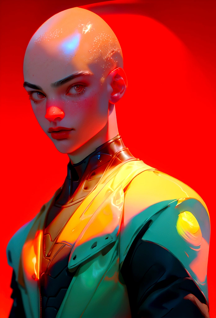(Artwork, best quality) ,close shot, 1 man, buzz bald cut, wearning a suit , red eye, gradient red background, sunlight, masterpiece, digital art, effects light, vibrant colors