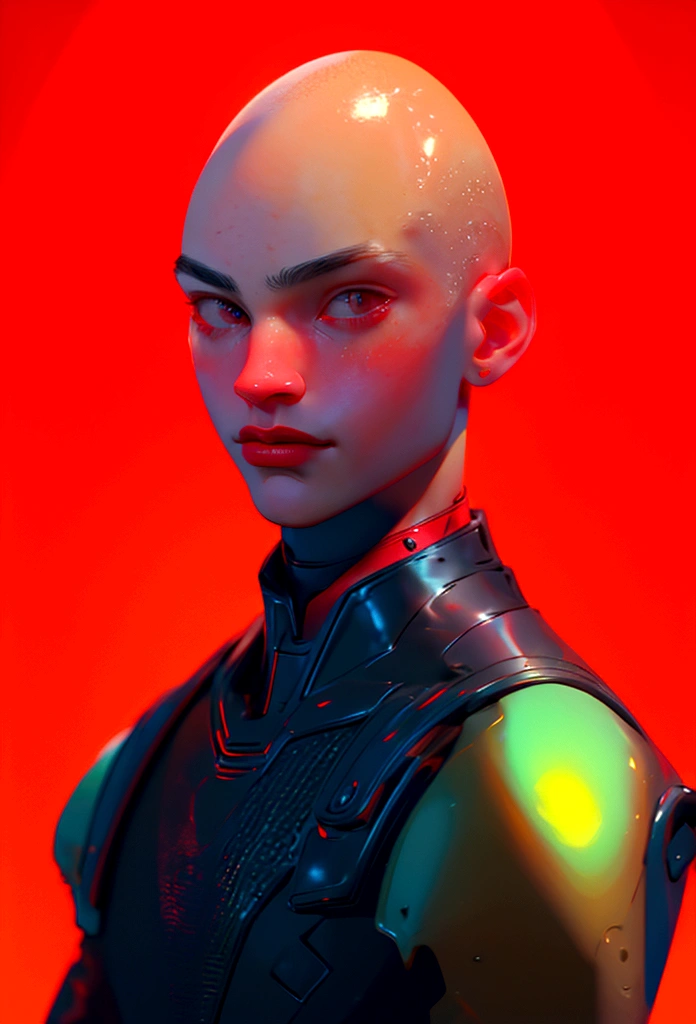 (Artwork, best quality) ,close shot, 1 man, buzz bald cut, wearning a suit , red eye, gradient red background, sunlight, masterpiece, digital art, effects light, vibrant colors