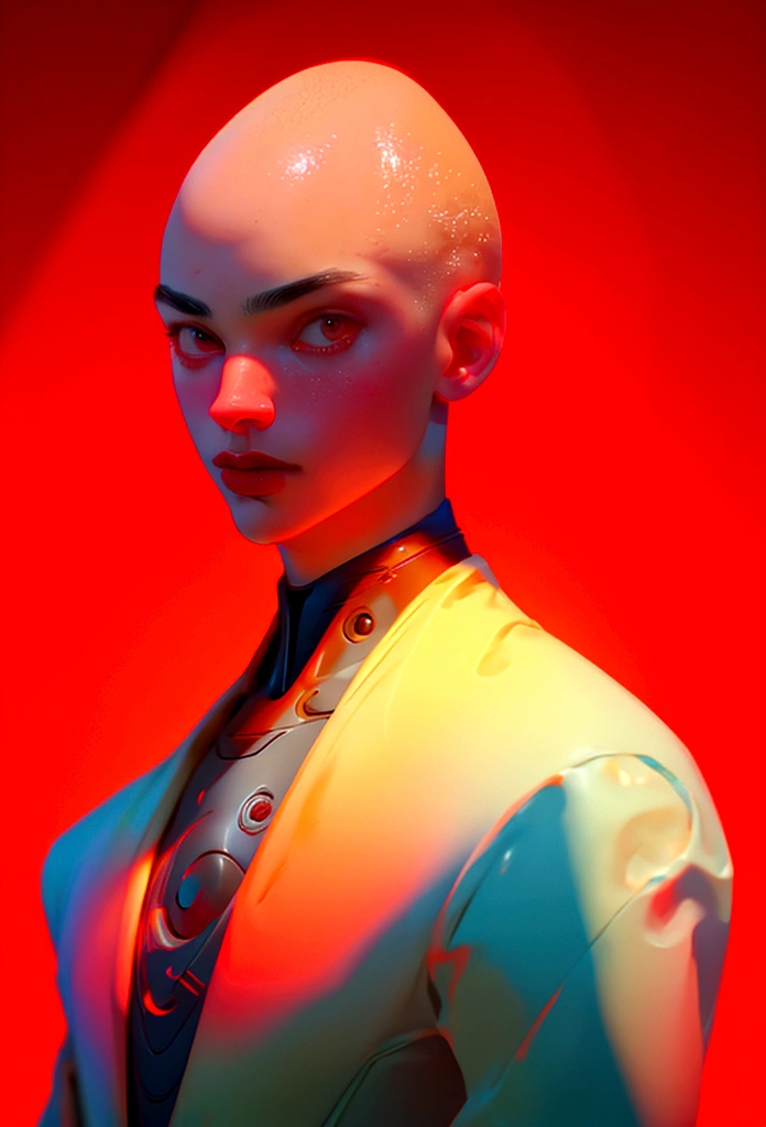 (Artwork, best quality) ,close shot, 1 man, buzz bald cut, wearning a suit , red eye, gradient red background, sunlight, masterpiece, digital art, effects light, vibrant colors