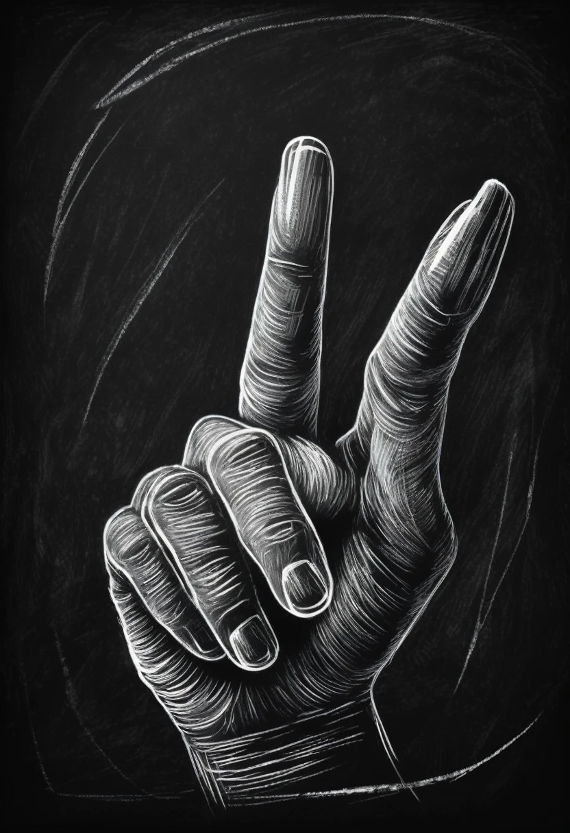 Hand showing middle finger gesture, sketching, drawing with white chalk on black board background. Detailed textures and lines, realistic style.