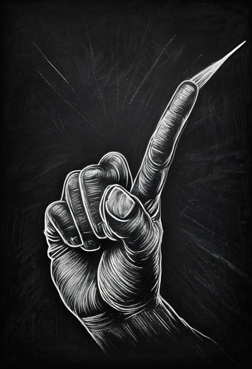 Hand showing middle finger gesture, sketching, drawing with white chalk on black board background. Detailed textures and lines, realistic style.