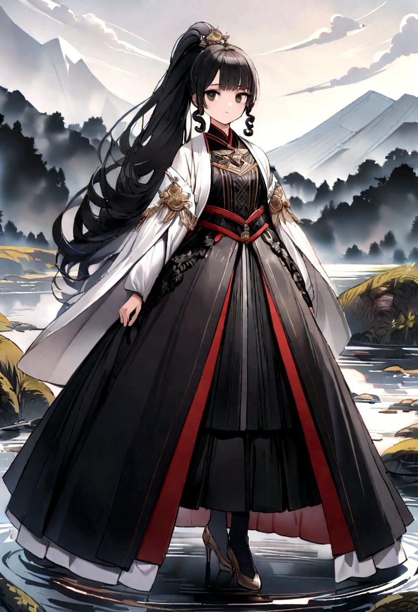 Black hair，High ponytail curls，Big black eyes，White silk hanfu，National style mountains and rivers，full-body shot，Wear black stockings，High heel