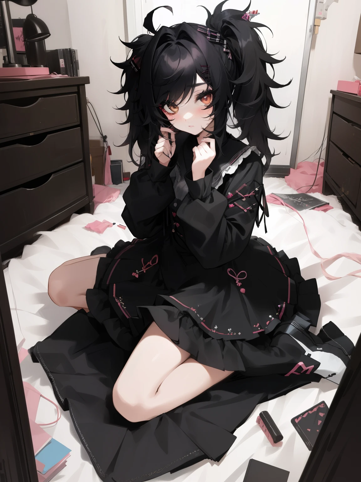 beautiful girl in messy bedroom, full body, poofy hair,
eyeliner,
emo,
emo makeup,
goth, long sleeves