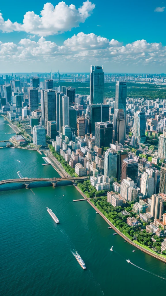 a view of a city with tall buildings and a green park, a picture by Naondo Nakamura, unsplash, sōsaku hanga, tokyo japan, there is a picture of a beach with a pier in the distance, a portrait by Dave Melvin, unsplash, minimalism, today\'s featured photograph 4k, clouds and wings and waves, clouds and waves, oceanside, crisp lines, harmony of swirly clouds, epic blue sky, seascape, heaven on earth, wide angle landscape photography, epic wide angle tokyo city, tokyo city in the background, tokio, tokyo, japanese city, tokyo prefecture, new tokyo, aerial view of a city, tokyo in the background, bird's eye view of a city
