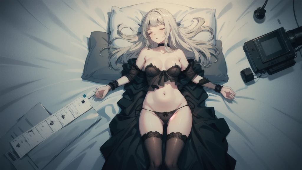 ((best quality)), ((masterpiece)), (detailed), one girl with long blond hair, sleeping on bed black blanket under her, only in panties, whole body in image,  top shot view on scene