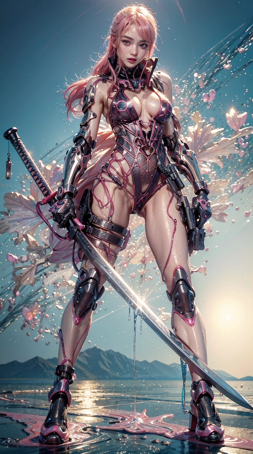 Highest quality、Surreal、Perfect Anatomy、In the middle of a crowded arena、Wet and shiny white skin、Sweat dripping all over the body、Small face、Model Body Type、Golden and pink hair、Black micro bikini、blush、Collars and Leads、Black Japanese sword、Heart shaped decoration、Cyberpunk City、Dripping blue liquid、Intricate, luminous mechanical parts、