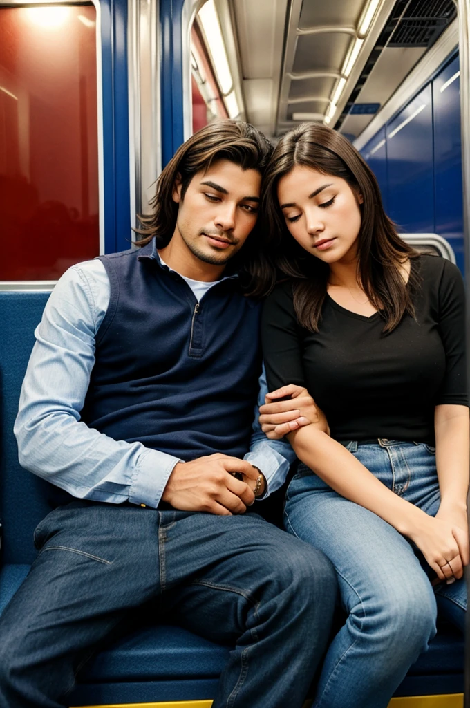 Couples in a train men is sleeping in her sholder 