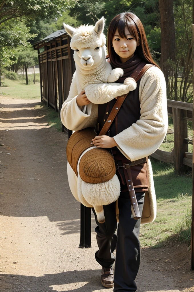 An anime-style alpaca carrying weapons