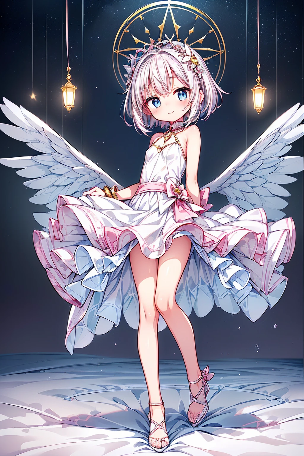 (Best Art,illustration,IB,Three Point Perspective,Ultra-high resolution, masterpiece, best quality,Great details,Very rich facial details,Best Artwork,Perfect Arms,Perfect planing structure),(Unity 16K Wallpaper,Ultra Detailed, Extremely detailed CG, Caustics, Cinema Lighting, detailed, Beautiful and delicate eyes),Delicate and lovely,sweet and cute,Innocent,Lively and smart,Smart,tiny and cute,Delicate and captivating,Pink and delicate,Crystal clear,Pure and flawless,Slender and elegant,Big watery eyes,little cherry mouth,Snow-white little face,Pink little cheeks,Fluffy soft hair,Black and shiny hair,Red cheeks,Childish voice,A clear and pure smile,Innocent eyes,Soft body,Slender waist,Small hands,Slim feet,Snow-white skin,Delicate touch,Pink and petite body,Shy and cute expression,Soft and sweet voice,Clear and pleasant tone,Blurred innocent look,A lovable look,Innocent nature,Carefree years,Cute and naughty personality,The breath of youthful vitality,Charming and lovely demeanor,Charming appearance,Poor temperament,Graceful and gentle demeanor,Bright and attractive face,tiny and cute的体态,Innocent的神采,A charming figure,A charming smile,Delicate and fragile body,tiny and cute的身材,Charming and graceful,Charming and attractive posture,Charming and lovely look,Soft and graceful demeanor,Delicate and lovely的容颜,tiny and cute的身材,A charming smile,tiny and cute的体态,Delicate and soft body,Petite and lovely figure,((White Dress,Light as tulle,Lace decoration,Starry Sky,Set off the delicate face,Silk texture,Close to the body,Graceful curves,Gold chain around waist,Brilliant light,Thin and thin,Delicate and smooth,Fair skin,Crystal-embellished high heels,Crisp sound,Diamond on toe,Watery eyes,Complement each other,Exquisite Bracelet,Silver chain,Little Gems,Swaying slightly,Refracting colorful light,Beautiful necklace,Rose Pendant,Pink cheeks,Just right,Set off your temperament,Without losing innocence,With mature charm,A princess from a fairy tale,Beautiful,Hard to look away))