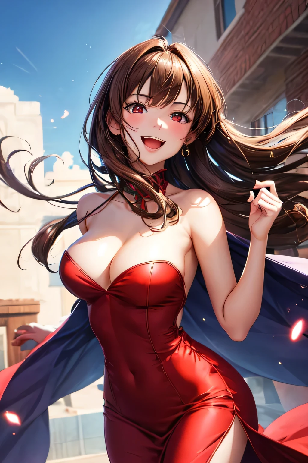 a beautiful brunette girl with flowing brown hair, red eyes, wearing a red imperial dress with a deep neckline, anime style, against a bright sky background with twinkling lights, dynamic angle, arrogant laughter