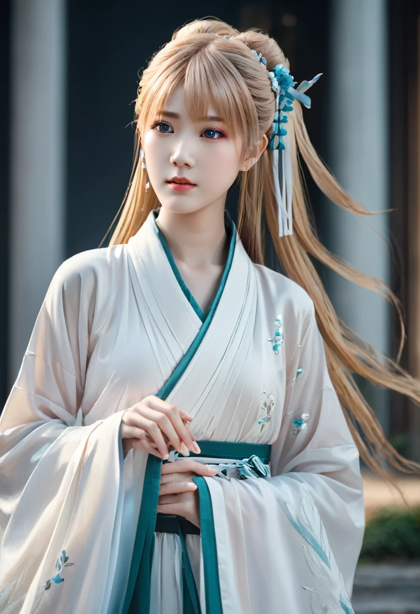 ((Highest quality)), ((masterpiece)), (detailed), ((Perfect Face)), One Girl,Anime girl with long blonde hair and dark turquoise eyes in a white dress, Trending on cgstation, artwork in the style of Gwaiz, Gwaiz, Smooth anime CG art, detailedなデジタルアニメアート, Anime Goddess, Fantasy art style, palace , Girl in Hanfu, Beautiful young wind spirit, Beautiful Anime Girls, ! Dream Art Germ, Beautiful anime portraits