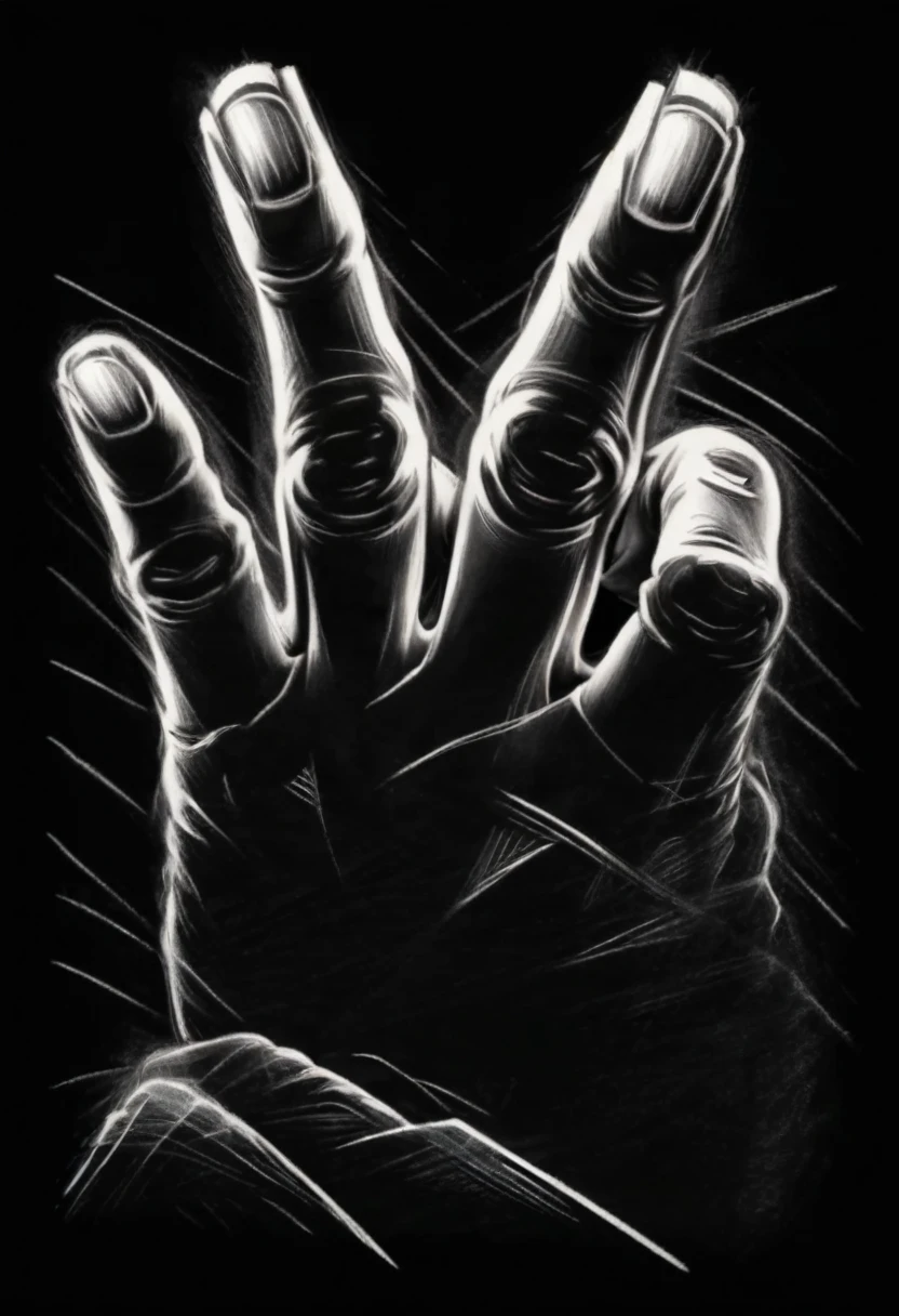 Hand showing middle finger gesture, sketching, drawing with white chalk on black board background. Detailed textures and lines, realistic style.