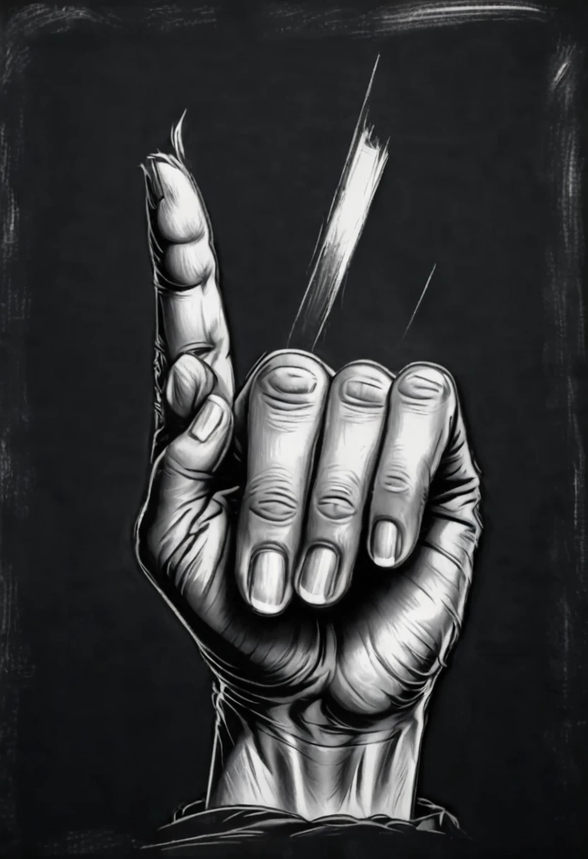 Hand showing middle finger gesture, sketching, drawing with white chalk on black board background. Detailed textures and lines, realistic style.
