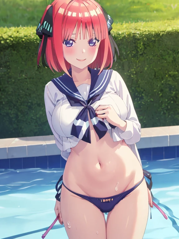 best quality, insanely detailed,nino nakano, a sailor suit,slightly larger udder,Narrow waist, Hairstyle is a bob cut, Poolside background,Smiling face,full bodyesbian,A toy is put in the crotch