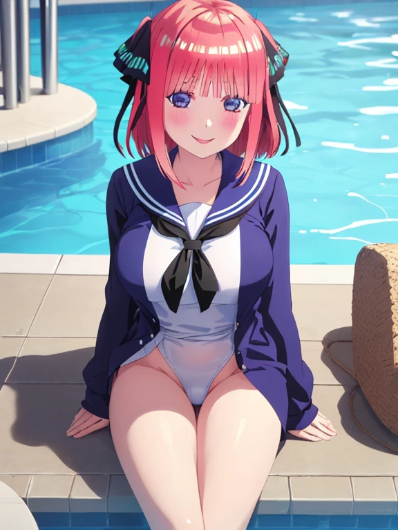 best quality, insanely detailed,nino nakano, a sailor suit,slightly larger udder,Narrow waist, Hairstyle is a bob cut, Poolside background,Smiling face,full bodyesbian,A toy is put in the crotch