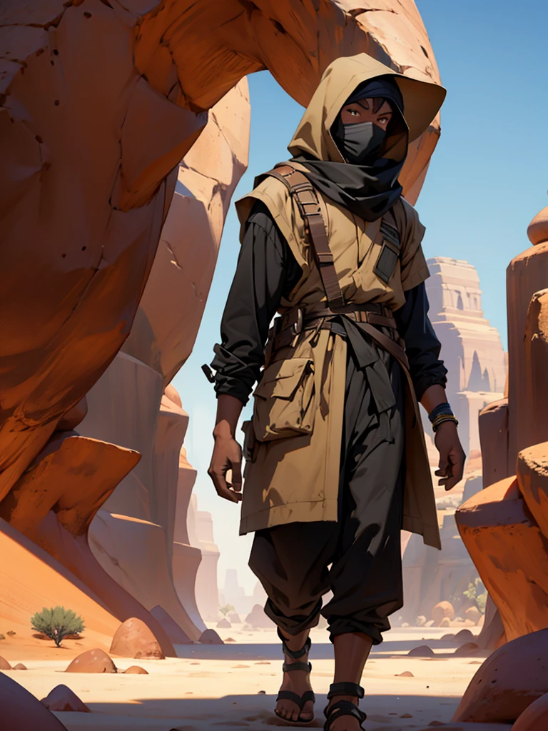 male character, dark-skinned, looking straight ahead, with a giant dice behind, in a desert biome, wearing clothes that cover the face