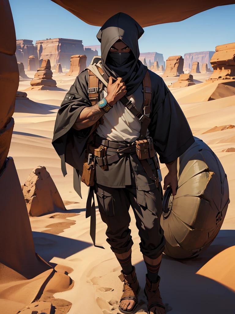 male character, dark-skinned, looking straight ahead, with a giant dice behind, in a desert biome, wearing clothes that cover the face