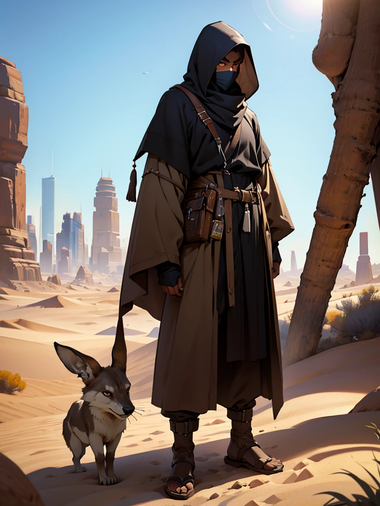 male character, dark-skinned, looking straight ahead, with a giant dice behind, in a desert biome, wearing clothes that cover the face
