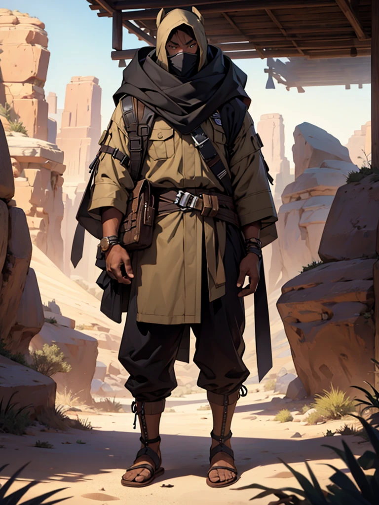 male character, dark-skinned, looking straight ahead, with a giant dice behind, in a desert biome, wearing clothes that cover the face
