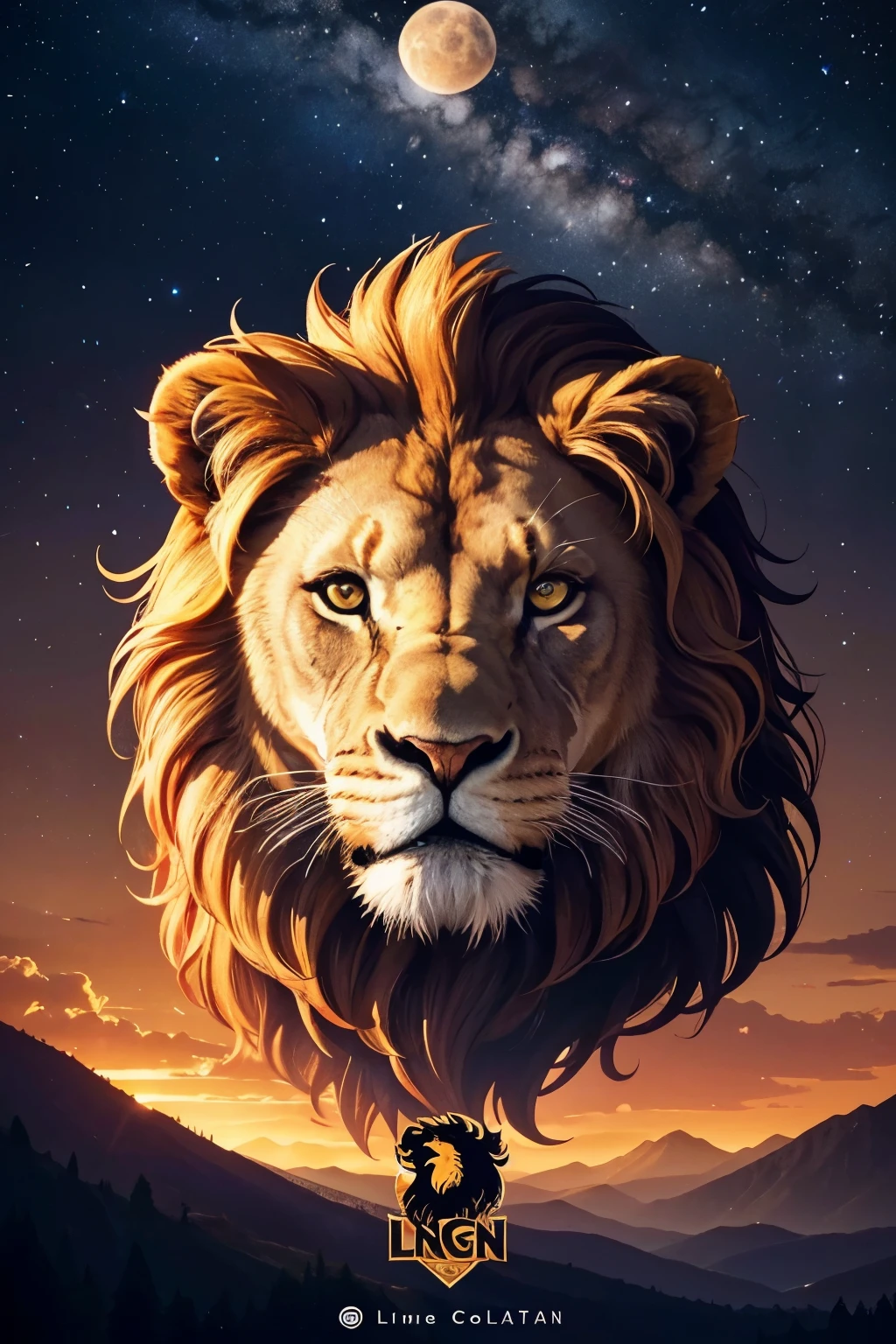 ((logo)), (detailded), Design a detailed pixel art logo of an imposing lion, with a crown of stars upon his head, roaring into the night sky of a serene valley. The lion must be depicted with a lush mane and piercing eyes, while the crown of stars shines with a celestial effect. The valley&#39;s night sky must include a visible Milky Way, twinkling stars and deep blue nuances, contrasting with the mountains and dark trees in the background. The scene should capture the majesty and power of the lion under a starry sky, with a level of detail that enhances the serenity of the natural environment.