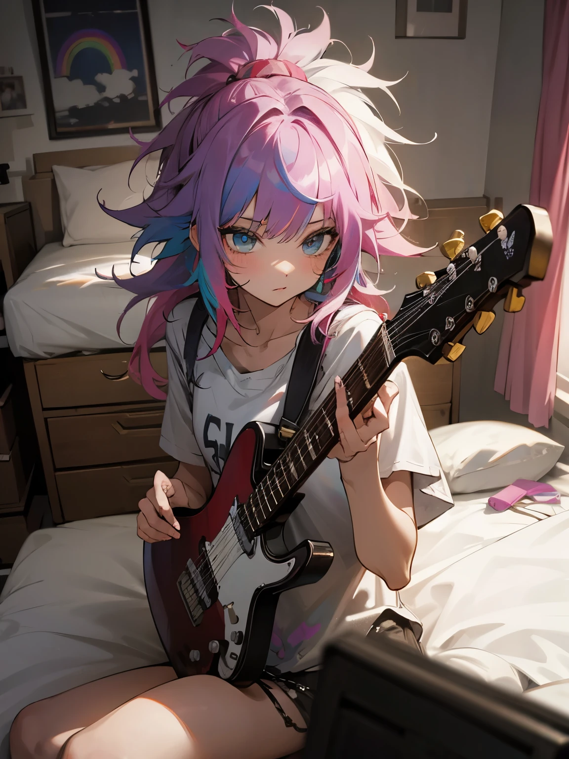 bedroom, 1girl, messy hair, rainbow hair, alternative, glam rock