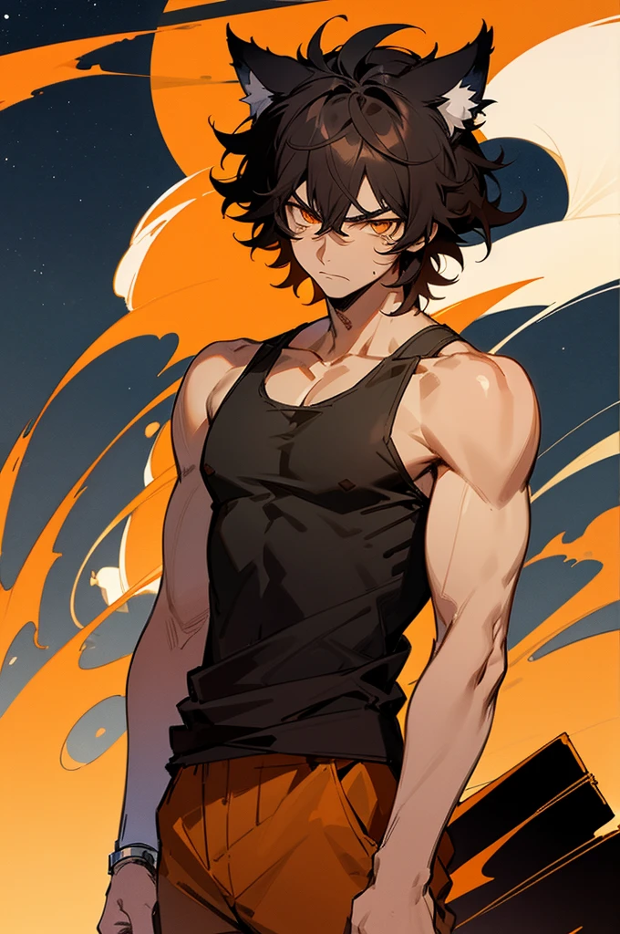 manga inspired, manhwa inspired, anime inspired, hand drawn, male, messy hair, dark tan, black hair, orange eyes, wolf ears, disdain, looking down at viewer, irritated, toned, black tank top, standing up, night sky, brown tones, looking forward