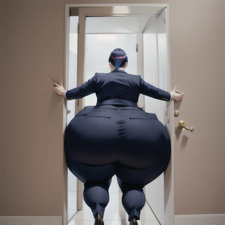 masterpiece, 1girl behind a doorway, from behind, (doorstuck, stuckbehind:1.3), huge hips, round belly, thick thighs, colorful clothing, wearing suit and tie and formal pants, upset, desperately trying to wiggle through, she pulls herself as hard as she can but she won't budge, she is stuck tight view from behind