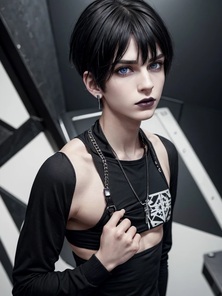 (best quality), 1boy, male, pale skin, black hair, short hair, tousled hair, messy bangs, bangs over eyes, blue eyes, perfect eyes, dark circles under eyes, lanky body, boyish, strong jawline, frown, attractive, goth boy, long sleeved black crop top, masculine body, (black lipstick), black nails, black earstuds, masterpiece, anatomically correct, highres
