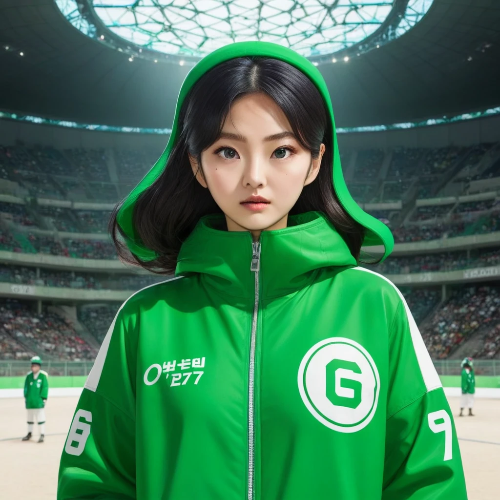 Hoyeon Jung, korean woman, 1 woman wearing green and white jacket which has the number 067 on the top left, squid game, Kang Sae-byeok, in a stone arena, front view