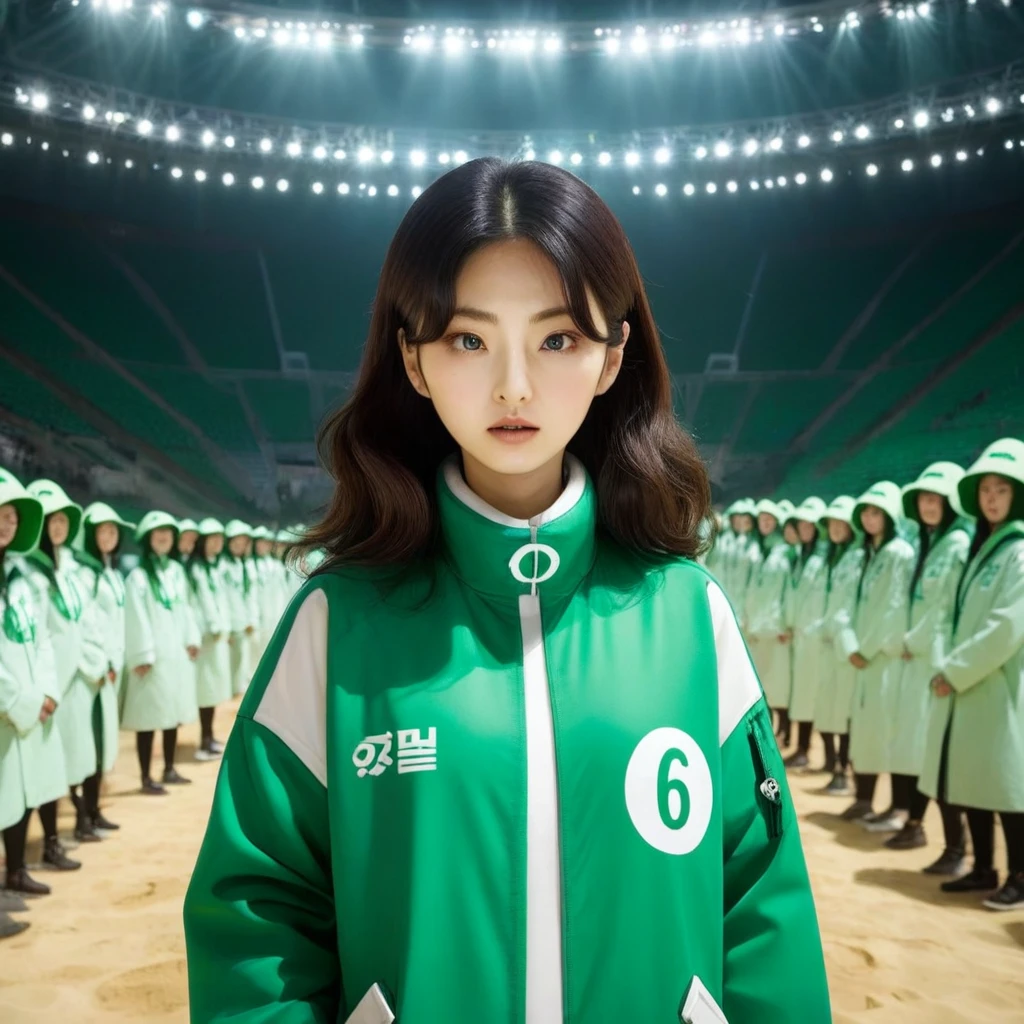 Hoyeon Jung, korean woman, 1 woman wearing green and white jacket which has the number 067 on the top left, squid game, Kang Sae-byeok, in a stone arena, front view
