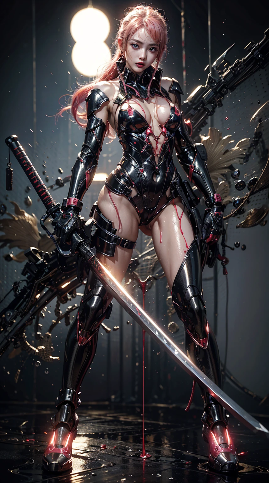 Highest quality、Surreal、Perfect Anatomy、In the middle of a crowded arena、Surrounded by spectators、Crowd、Wet and shiny white skin、Sweat dripping all over the body、Slender model figure、Ahegao、Golden and pink hair、soaked、Super small face、Collars and Leads、Cyberpunk Girl、photo shoot、Black Japanese sword、Black micro bikini、latex、Heart decoration、Cleavage、Dripping blood、Intricate, luminous mechanical parts、
