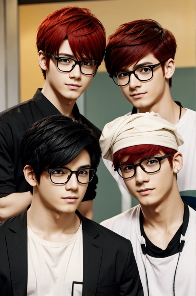 anime boys, one with red hair with square glasses and another with black hair with short hair tied up., they are a couple.