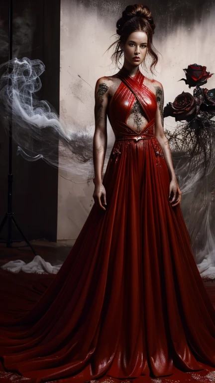 4K realistic, ultra-detailed photography of an athletic, demonic woman, demonic woman in a maxi leather dress, Hairstyle is a crazy braided hairstyle, demonic woman in a threatening moving standing model pose, The photo background is a wall of smoke, from which black roses come out, The mood of the photography is dark, large number of fiery tattoos