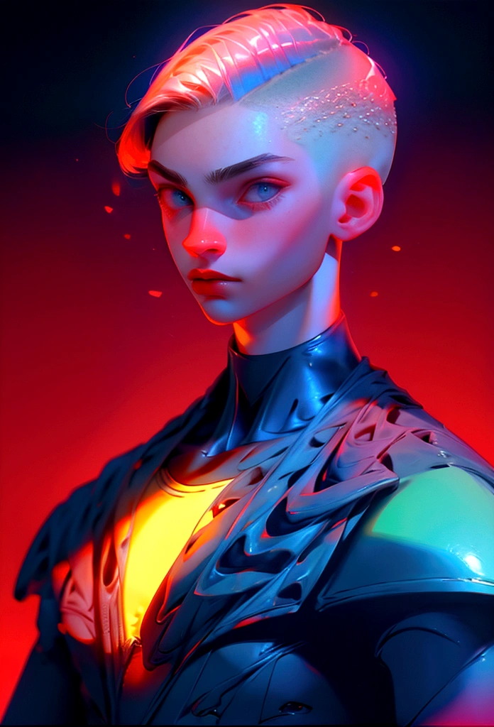 (Artwork, best quality) ,close shot, 1 man, buzz cut ahir, wearning a suit , dark blue eye, gradient red background, sunlight, masterpiece, digital art, effects light, vibrant colors