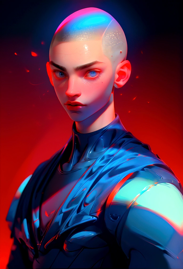 (Artwork, best quality) ,close shot, 1 man, buzz cut ahir, wearning a suit , dark blue eye, gradient red background, sunlight, masterpiece, digital art, effects light, vibrant colors