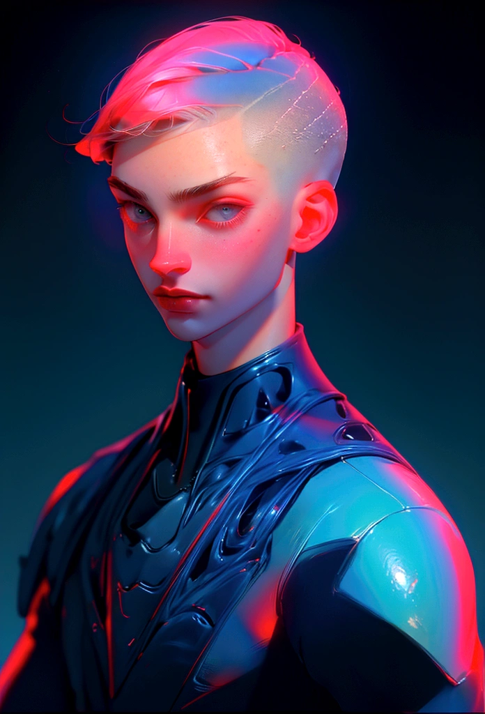 (Artwork, best quality) ,close shot, 1 man, buzz cut ahir, wearning a suit , dark blue eye, gradient red background, sunlight, masterpiece, digital art, effects light, vibrant colors