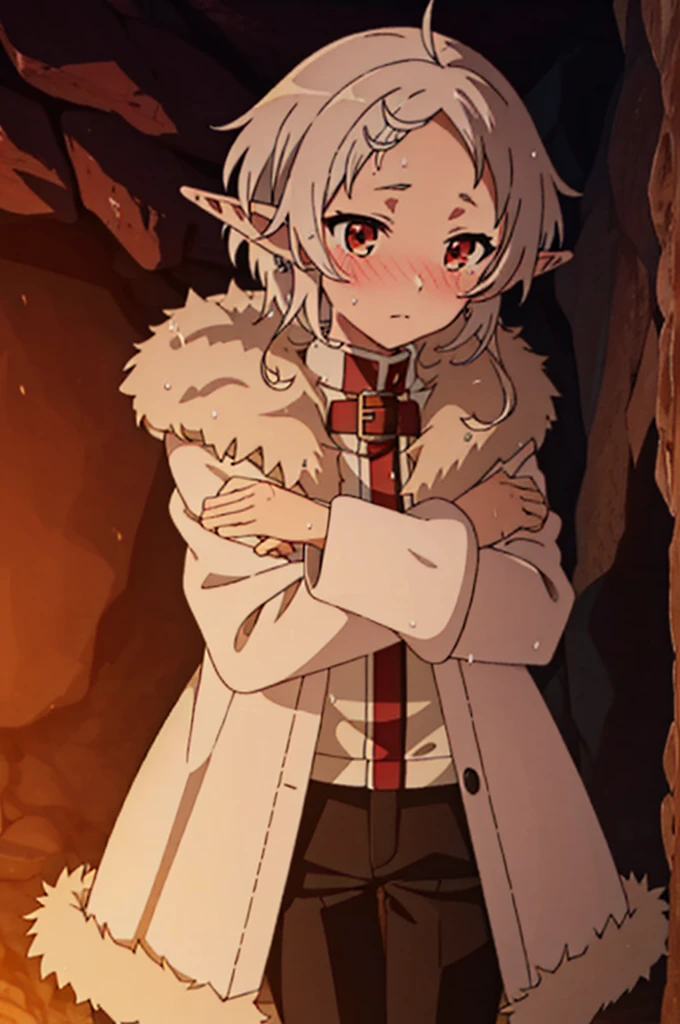 nose blush,shy,cave,wet clothes,( wet:1.3),
sylphiettedy,pointy ears,short hair,white hair,forehead,ahoge,red eyes,crossed arms,
fur trim brown long coat,red choker,white red shirt under coat,white red shirt under coat,black pants,brown boots,, Exquisite visuals, high-definition,masterpiece,best quality,Exquisite visuals,high-definition,masterpiece,best quality,18yo,Young female,Beautiful Fingers,Beautiful long legs,Beautiful body,Beautiful character design,