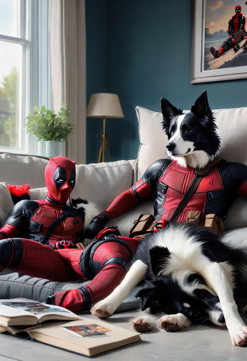 A playfully lounging Deadpool, clad in his iconic red and black suit, sprawled on a luxurious couch with an affectionate border collie by his side, engrossed in watching TV. The scene captures a moment of relaxation and companionship between the anti-hero and his furry friend, depicted in a vivid and detailed painting that intricately showcases their bond. Every element of the image is meticulously rendered, from the intricate stitching on Deadpool's suit to the intelligent gaze of the border collie, creating a visually stunning and emotionally resonant portrayal.