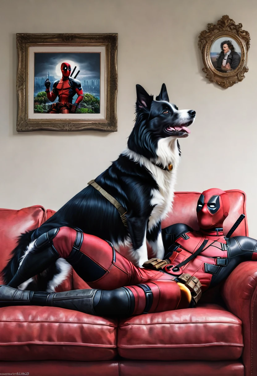 A playfully lounging Deadpool, clad in his iconic red and black suit, sprawled on a luxurious couch with an affectionate border collie by his side, engrossed in watching TV. The scene captures a moment of relaxation and companionship between the anti-hero and his furry friend, depicted in a vivid and detailed painting that intricately showcases their bond. Every element of the image is meticulously rendered, from the intricate stitching on Deadpool's suit to the intelligent gaze of the border collie, creating a visually stunning and emotionally resonant portrayal.