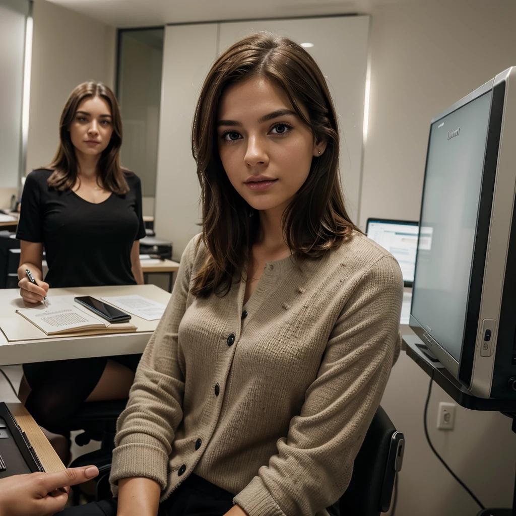 a young man with brown hair and a successful expression working in the office with his coworkers, beautiful detailed eyes, beautiful detailed lips, extremely detailed eyes and face, long eyelashes, formal business attire, working on office computer, office setting with desk and chairs, warm lighting, photorealistic, 8k, cinematic, highres, masterpiece, ultra-detailed, realistic caminando por la oficina