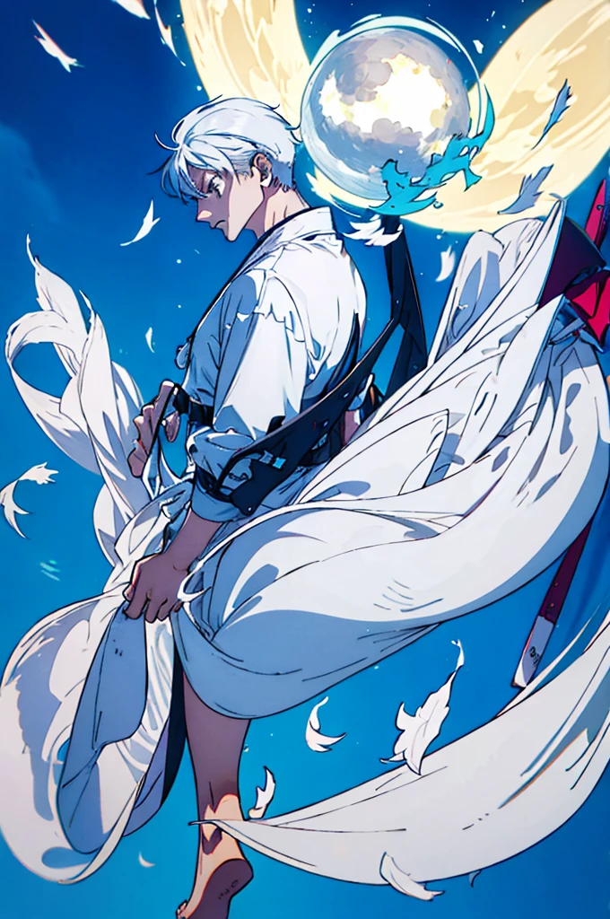 bright full moon, beautiful atmosphere, silver, white phoenix flying