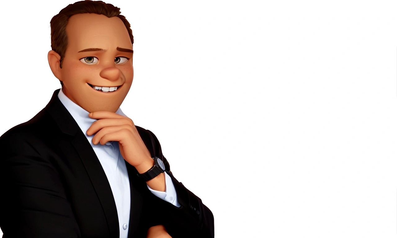 Illustration of a Pixar-style avatar of a confident man, medium skin tone, with a wide smile that shows teeth. He must have large, expressive brown eyes, short straight gray hair, with some darker parts. The man is wearing a well-fitting black suit and a light blue dress shirt, no tie. He wears a black watch on his left wrist. His pose is confident, with the left arm crossed and the right hand resting on the chin, looking directly at the camera. Background transparent. The style must include characteristics typical of Pixar characters, like slightly exaggerated proportions, eyes large, and a friendly and charismatic expression., laughing huge smile, drawing in 3D Art style, C4D, pure white color background, Disney style, pixar style render illustration Super Detail, 8K