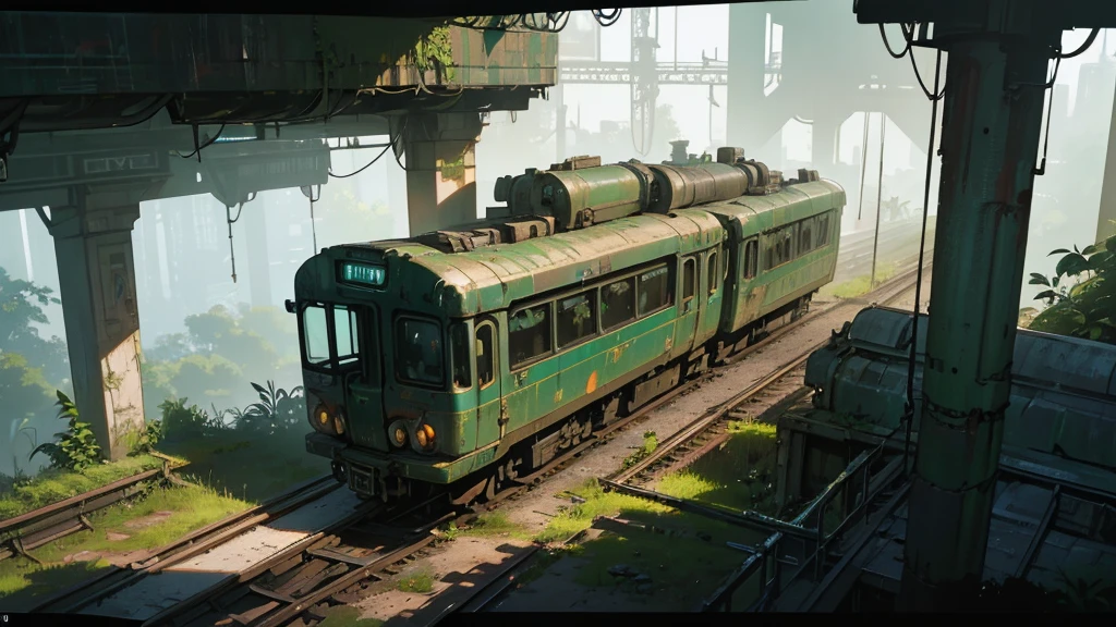 a futuristic and abandoned train station in a european jungle, cyberpunk style, aerial view, intricate details, highly detailed, 8k, photorealistic, cinematic lighting, moody atmosphere, overgrown vegetation, decaying infrastructure, neon lights, rusty metal, steam punk elements, glowing panels, advanced technology, complex machinery, futuristic architecture, dramatic shadows, vibrant colors