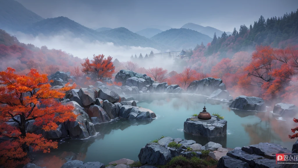 japanes Beautie 8 K RAW Photography Background with Hot spring image fog mist